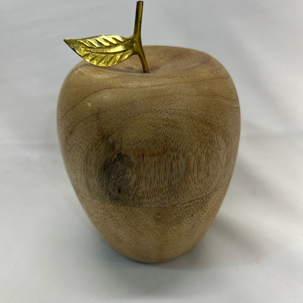 Wooden Apple Decor with‎ Brass Leaf Stem 6”x 3” PREOWNED